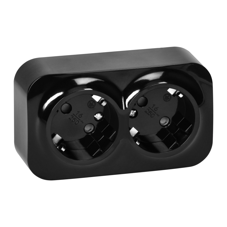 ToDo Double socket 2x2P+E, Schuko 16A/230VAC, IP20, Black