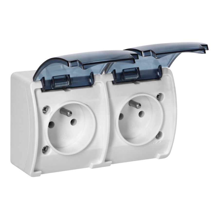 Double socket 2x2P+E AQUATIC IP44 white+smoky cover