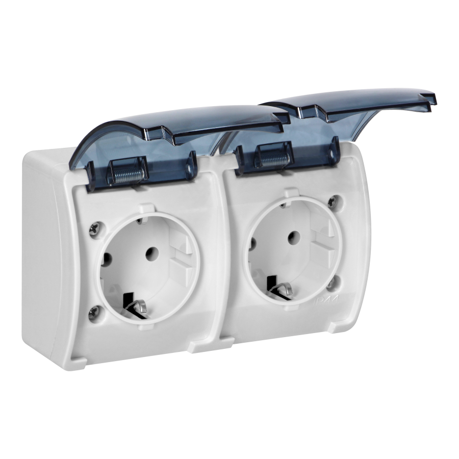 Double socket 2x2P+E Schuko AQUATIC IP44 white+smoky cover