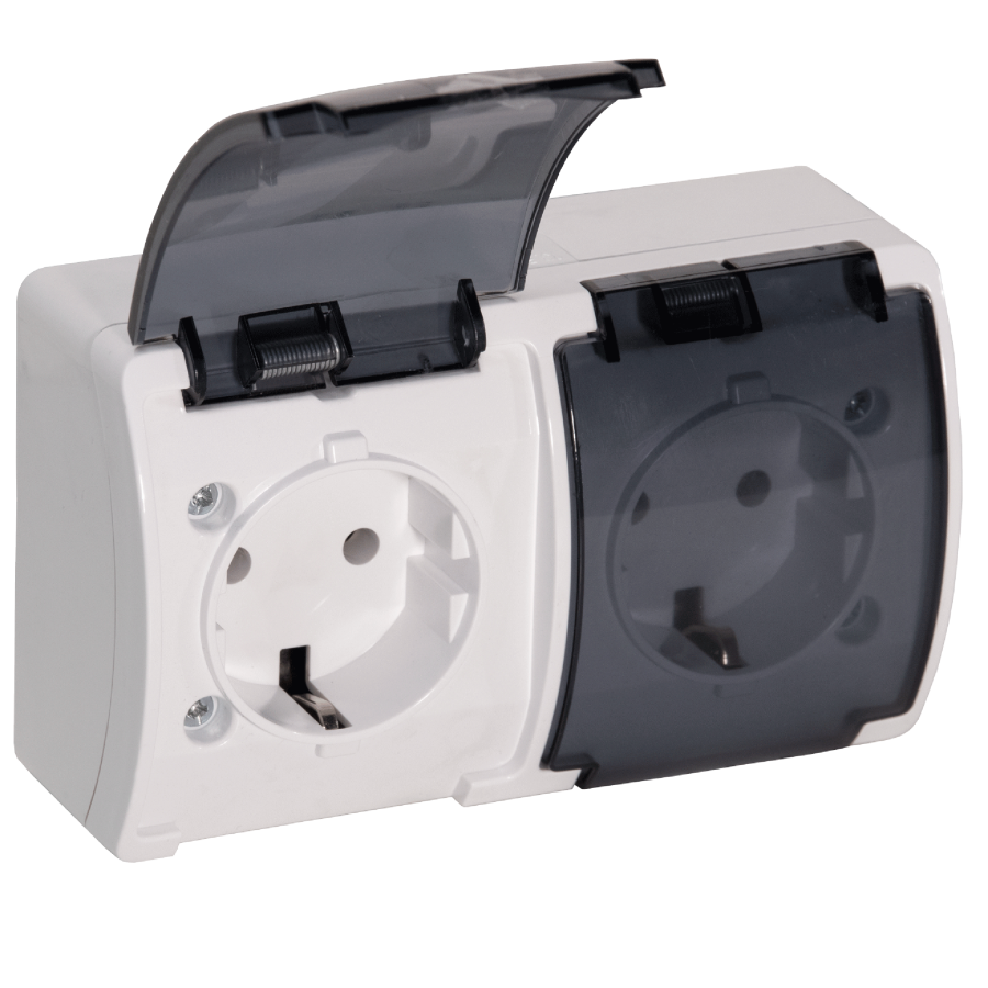 Double socket 2x2P+E Schuko AQUATIC IP44 white+smoky cover, 10 pcs.