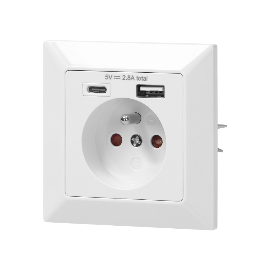 Single socket with two chargers (USB A + USB C), 5VDC output, flush-mounted, white