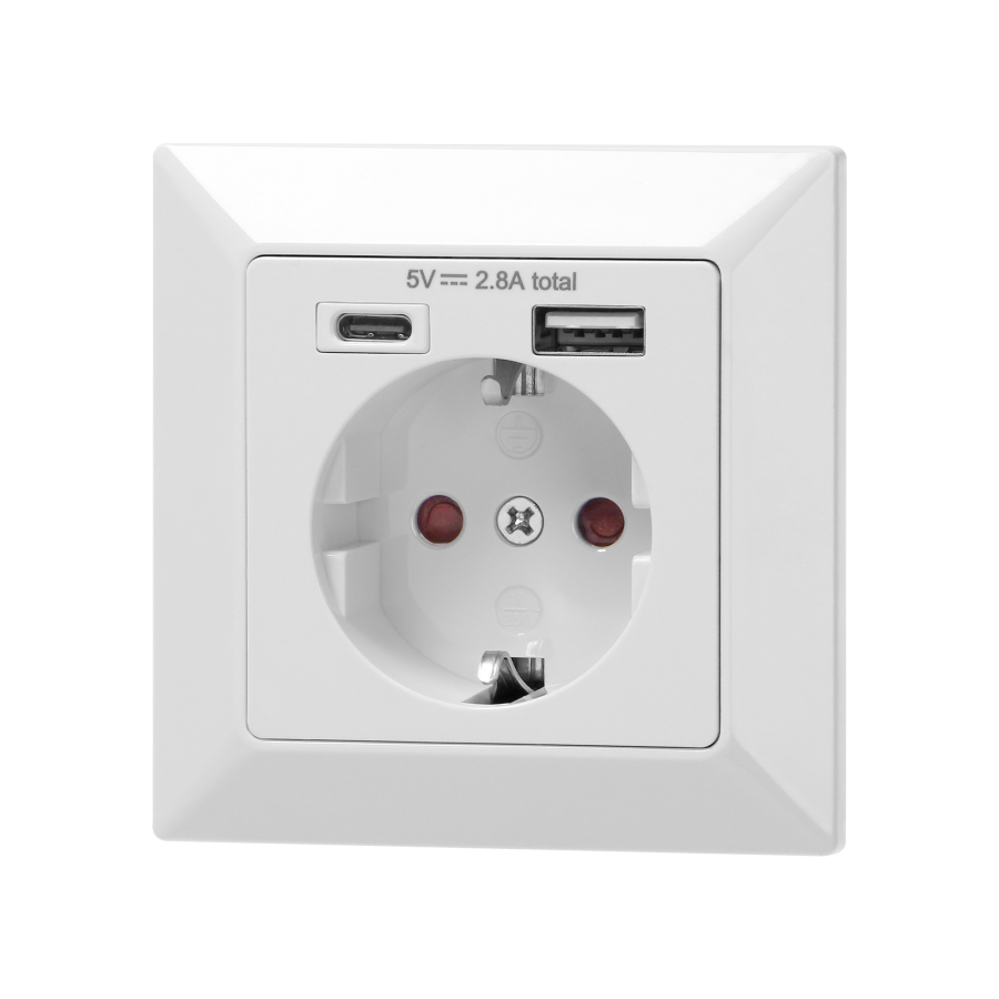 Single socket with two chargers USB-A + USB-C, 5VDC output, flush-mounted, Schuko, white