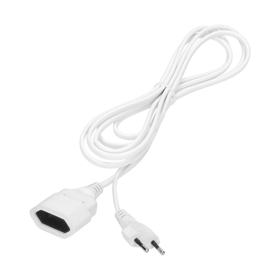 Extension cord with 1 flat socket 1x2P and a flat plug. PVC cable H03VV-F 2x0,75mm², 230VAC, 1.5m long