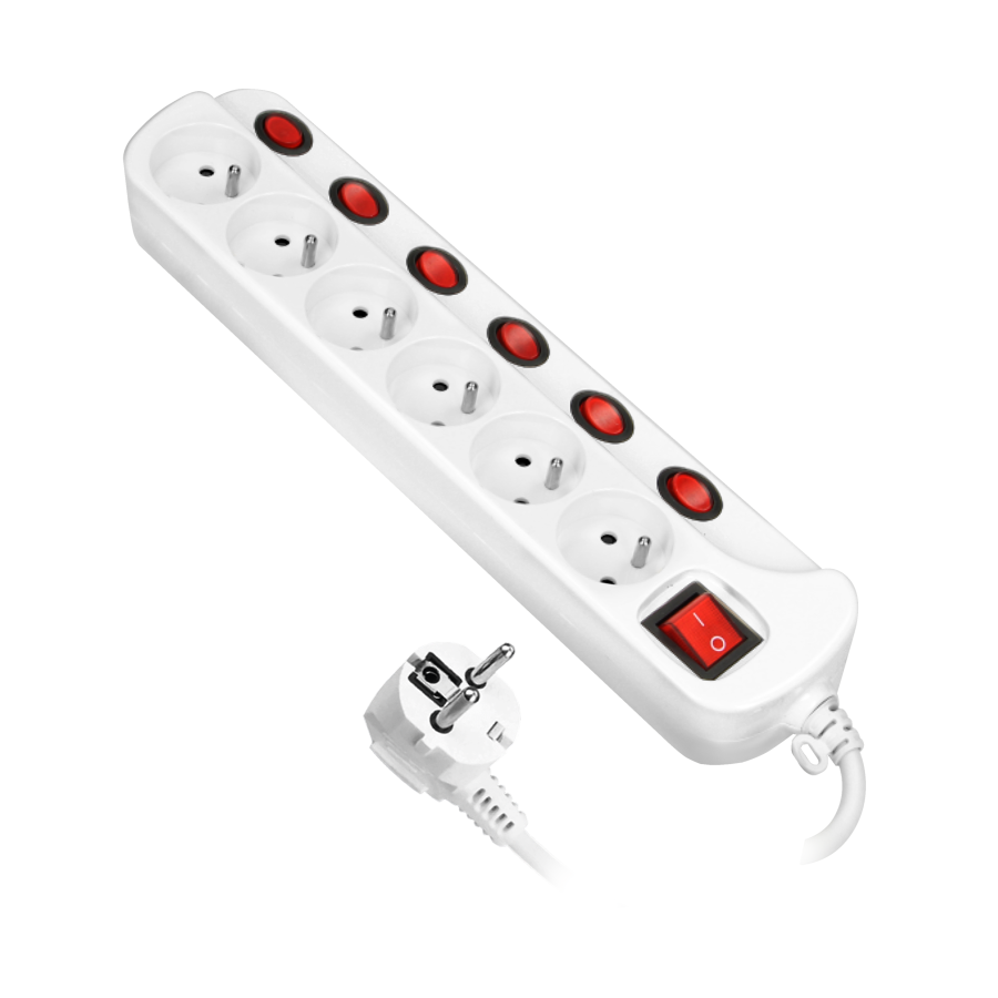 Multiswitch powerstrip with independent ON/OFF switches for 6 sockets, cable 3x1mm², 1.5m long