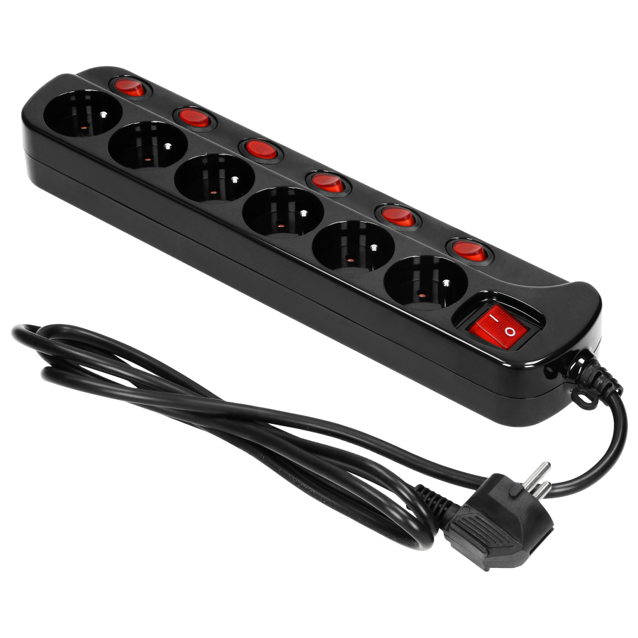 Multiswitch power strip with 6 2P+E sockets, cable 3x1mm², 1.5m long. Thermal protection switch, 10A/230 VAC, black