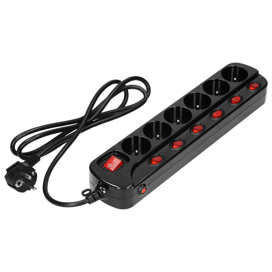 Multiswitch power strip with 6 2P+E sockets, cable 3x1mm², 1.5m long ...