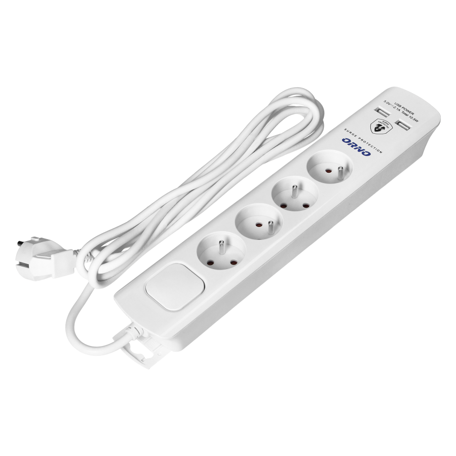  Power strip with surge protection, 4 sockets 2P+E, 3x1.0mm2 cable, 3m long, with a two-way backlit switch, 10A / 230...