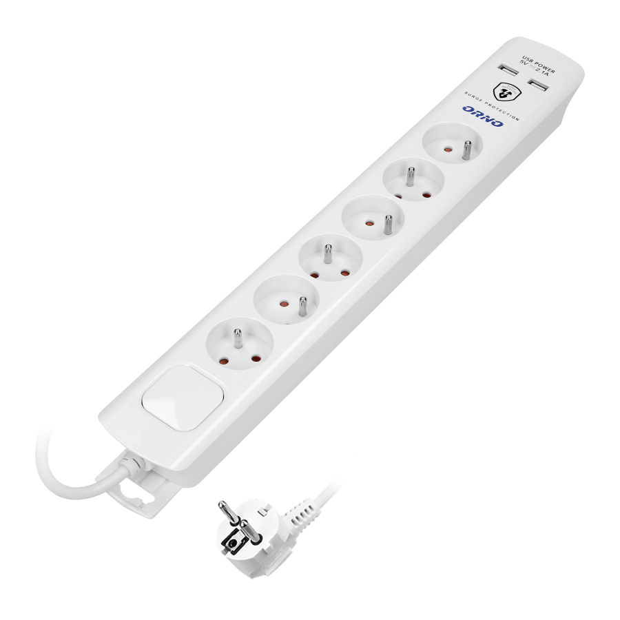 Power strip with surge protection and main switch, 6 sockets, 2 USB chargers, cable 3x1mm², 3m long