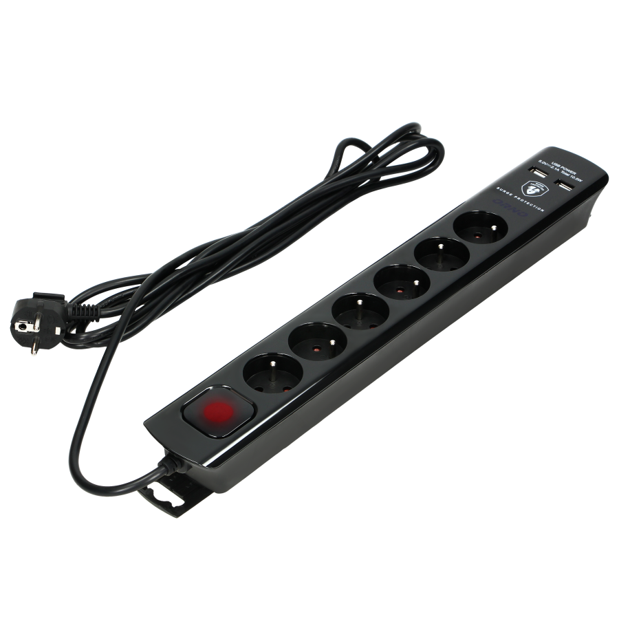 Power strip with surge protection and main switch, 6 sockets 2P+E, 2 USB chargers 2.1A., cable 3x1mm², 3m long, black