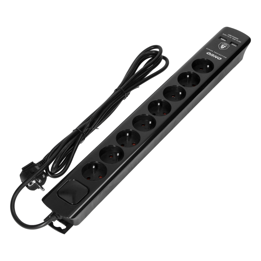  Power strip with surge protection, 8 sockets 2P+E, 3x1.0mm2 cable, 3m long, with a two-way backlit switch, 10A / 230...