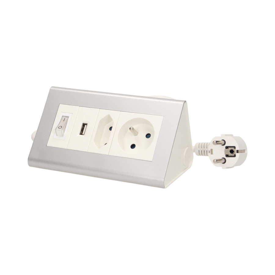 Przedłużacz biurkowy z wyłącznikiem i ładowarką, 1x2P+Z, 1x2P/II, 1xUSB, przewód 1,5m 3x1mm