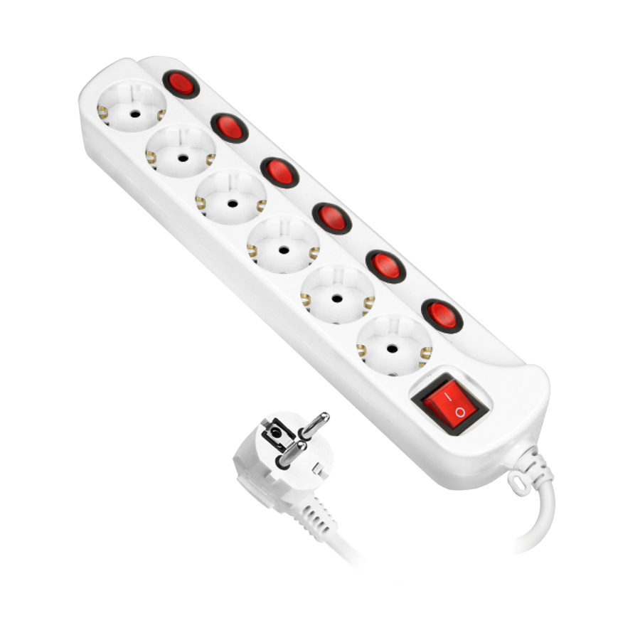 Multiswitch powerstrip with independent ON/OFF switches for 6 Schuko sockets , cable 3x1,5mm², 1.5m long