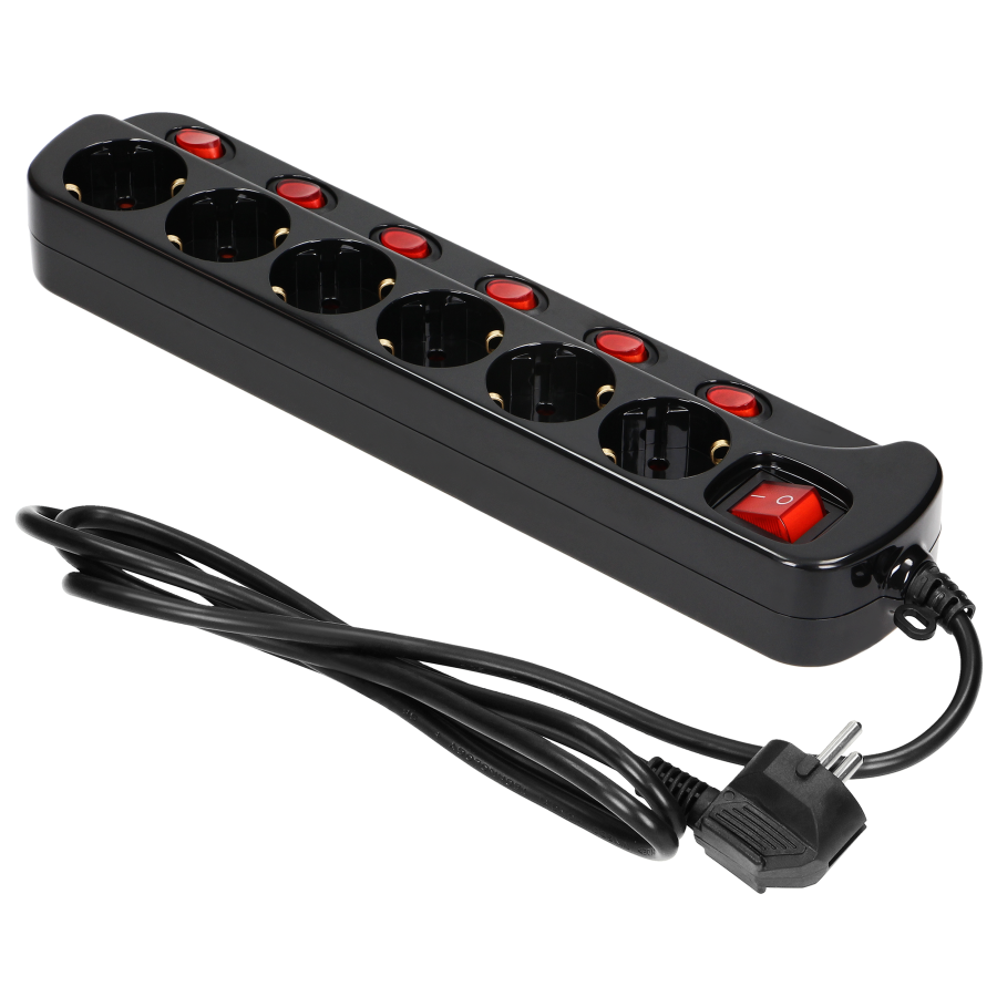  Multiswitch power strip with 6 2P+E sockets (Schuko type), cable 3x1mm², 1.5m long. Thermal protection switch, 10A/230...