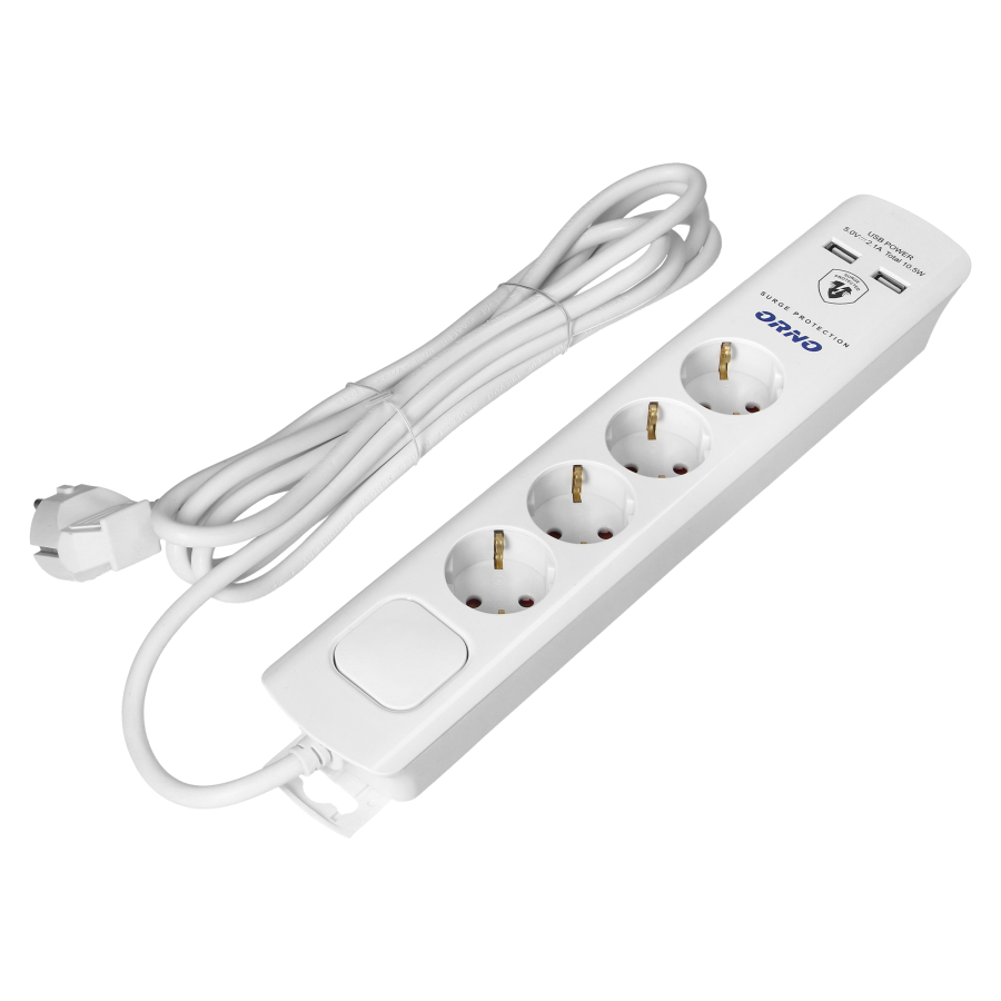  Power strip with surge protection, 4 sockets 2P+E (Schuko), 3x1.0mm2 cable, 3m long, with a two-way backlit switch, 16A...