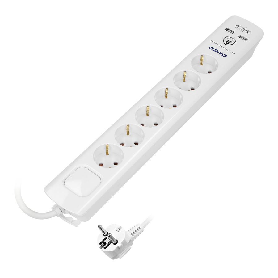 Power strip with surge protection and main switch, 6 schuko sockets, 2 USB chargers, cable 3x1mm², 3m long