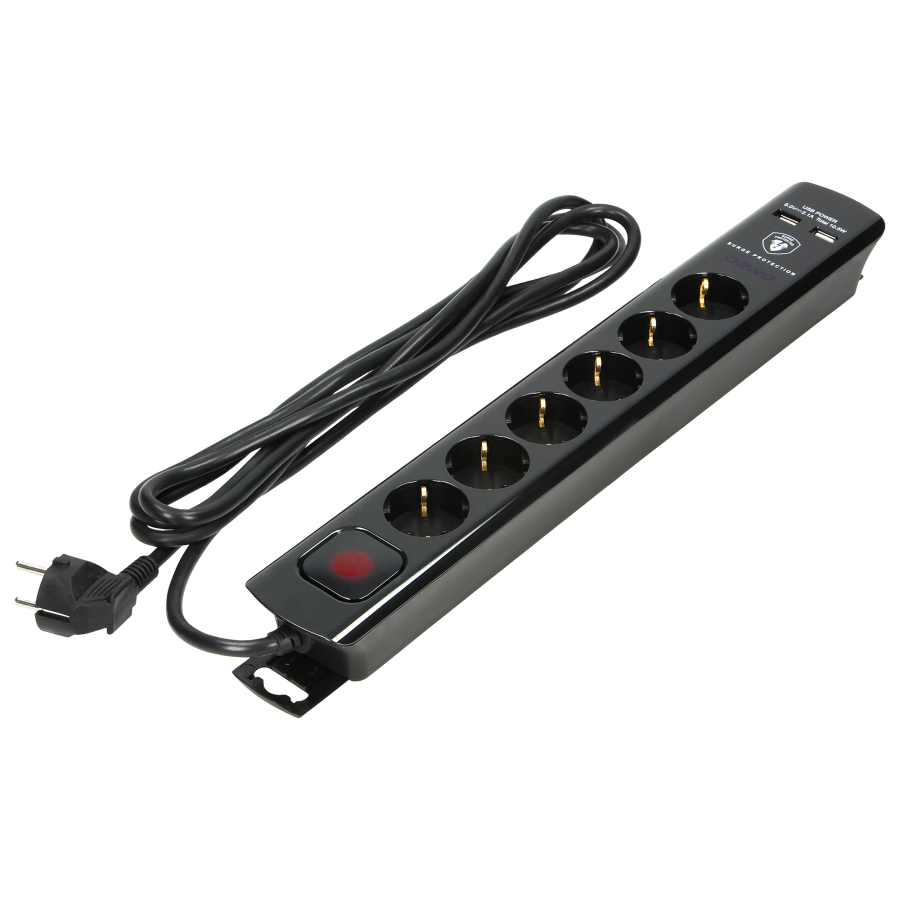  Power strip with surge protection and main switch, 6 sockets 2P+E (Schuko type), 2 USB chargers 2.1A., cable 3x1.5mm²,...