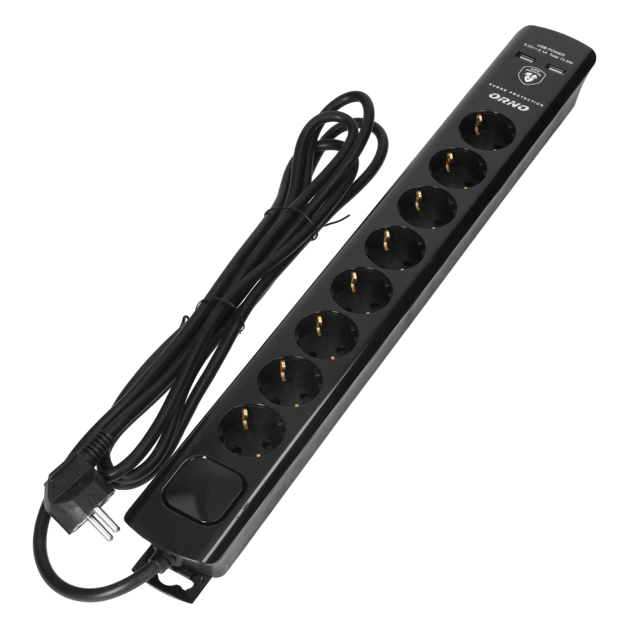  Power strip with surge protection, 8 sockets 2P+E (Schuko), 3x1.5mm2 cable, 3m long, with a two-way backlit switch, 16A...