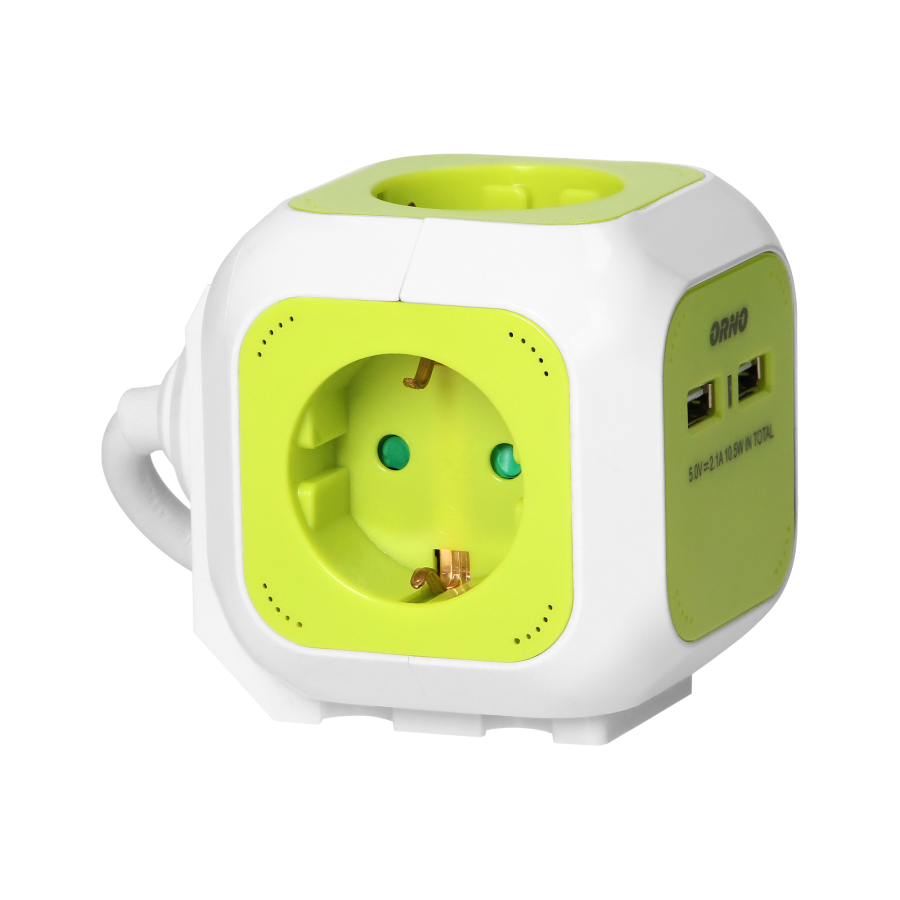 Extension sockets, 4 schuko sockets, 2 x USB, 1.4 m cable, lime