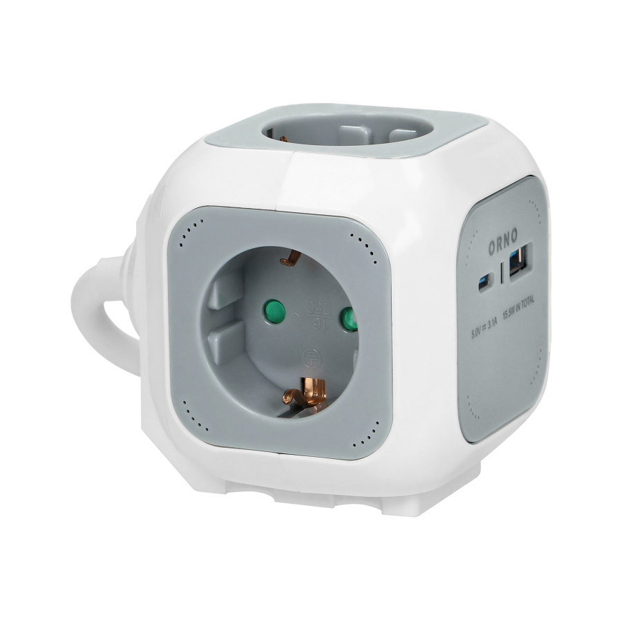 4x2P+E (Schuko) extension sockets, USB A + C charger, Quick charge, 1.4m H05VV-F 3x1mm², gray