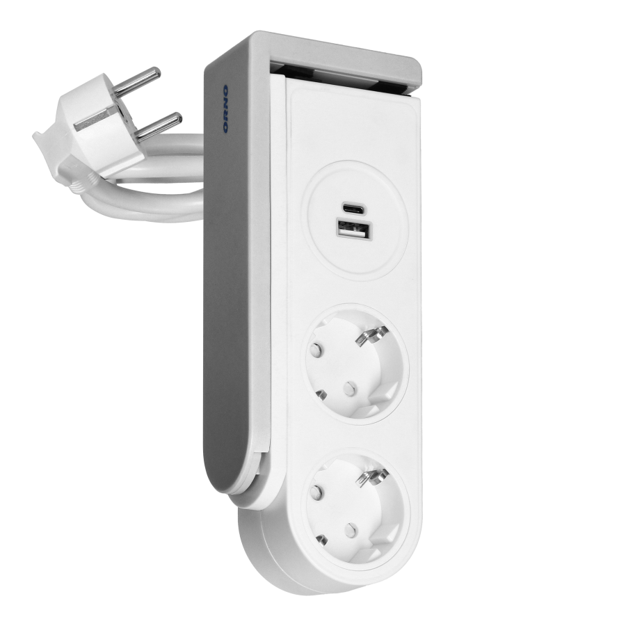 Desk power strip with USB charger and spring clip, Schuko version