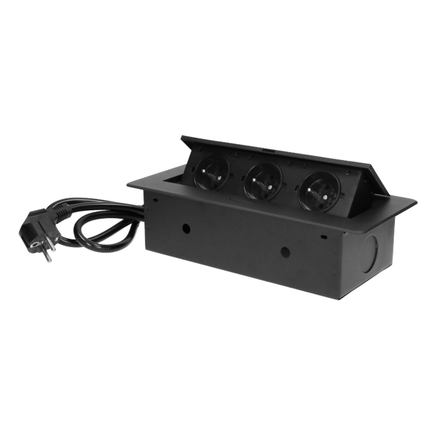 Recessed furniture sockets 3x2P+E with 3m cable, flat and milled edge, black