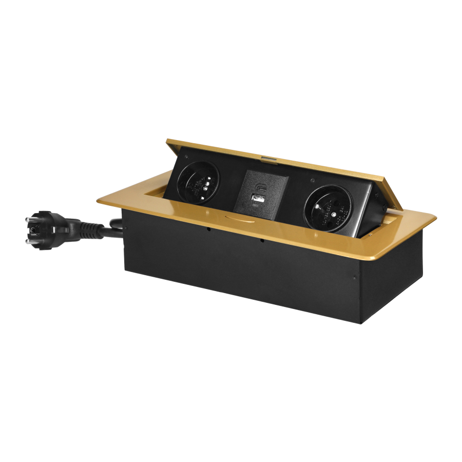 Recessed furniture socket with flat milled edge, USB charger and 1.5m cable, 2x2P+E, 2xUSB (type A+C, 3.6A), gold