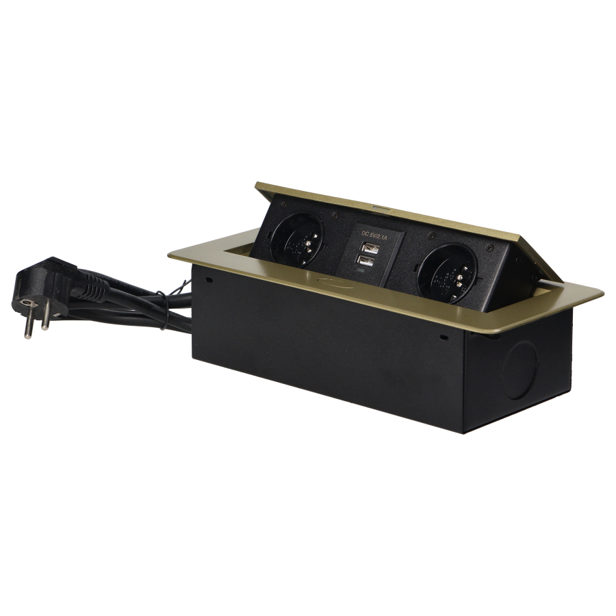 Recessed furniture sockets in a housing with a flat edge, USB charger and 1.5 m cable, 2x2P+E, 2xUSB, brass color