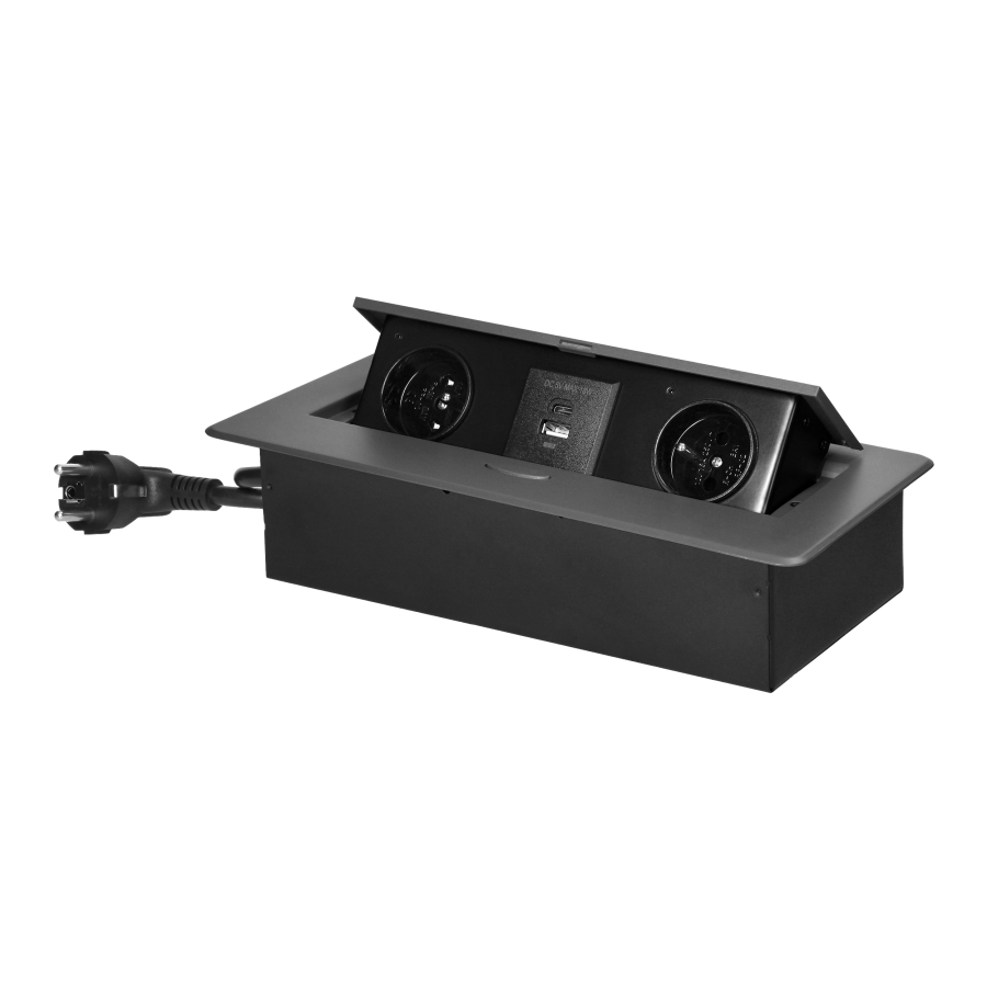 Recessed furniture socket with flat milled edge, USB charger and 1.5m cable, 2x2P+E, 2xUSB (type A+C, 3.6A), graphite