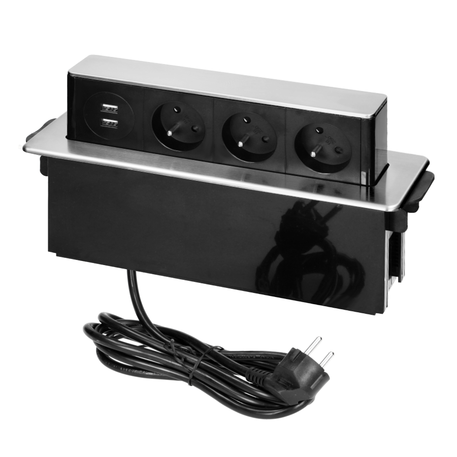 Recessed furniture power box, 3 sockets E type, 2 USB ports, black-silver, INOX