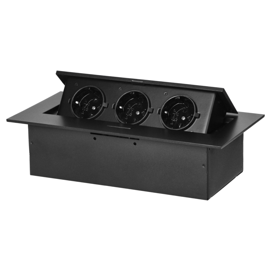 Recessed furniture socket with flat edge, 3x2P+E (Schuko), black