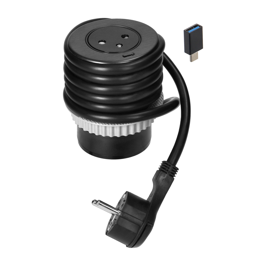 Flush-mounted furniture socket 2P+E with EasyEject system, USB QC 3.0, 1.5m cable + USB adapter