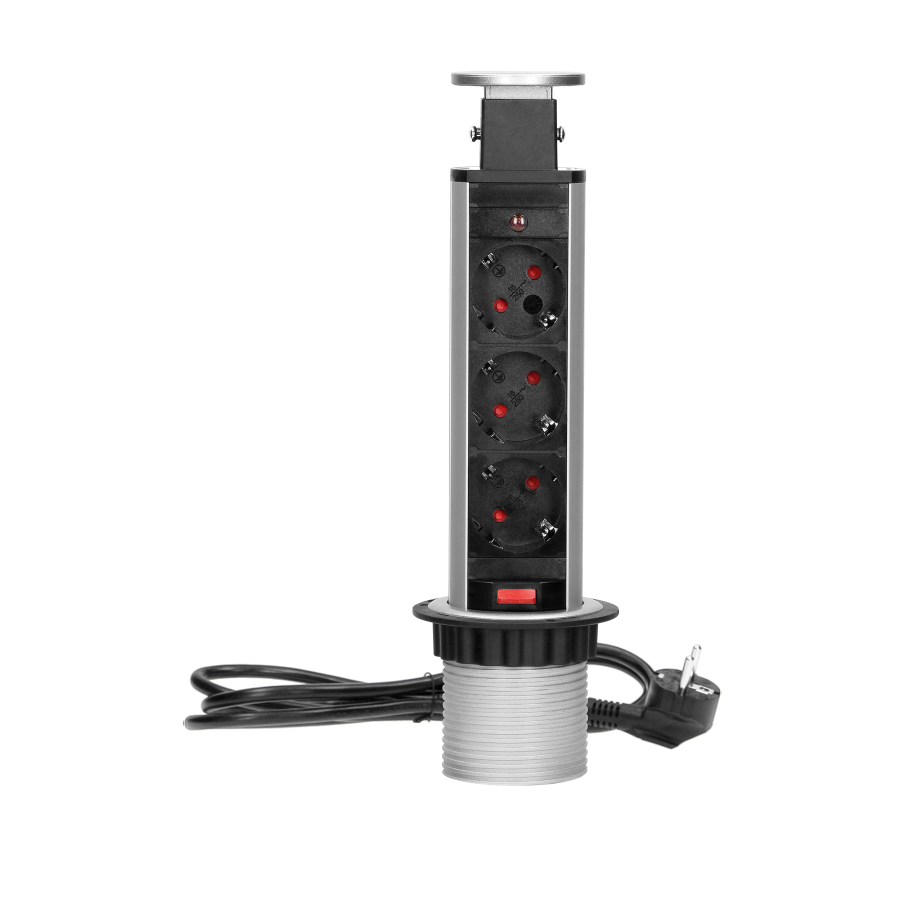 Gniazdo meblowe Ø6cm wysuwane z blatu z blokadą i przewodem 1,8m, 3x2P+Z (Schuko)