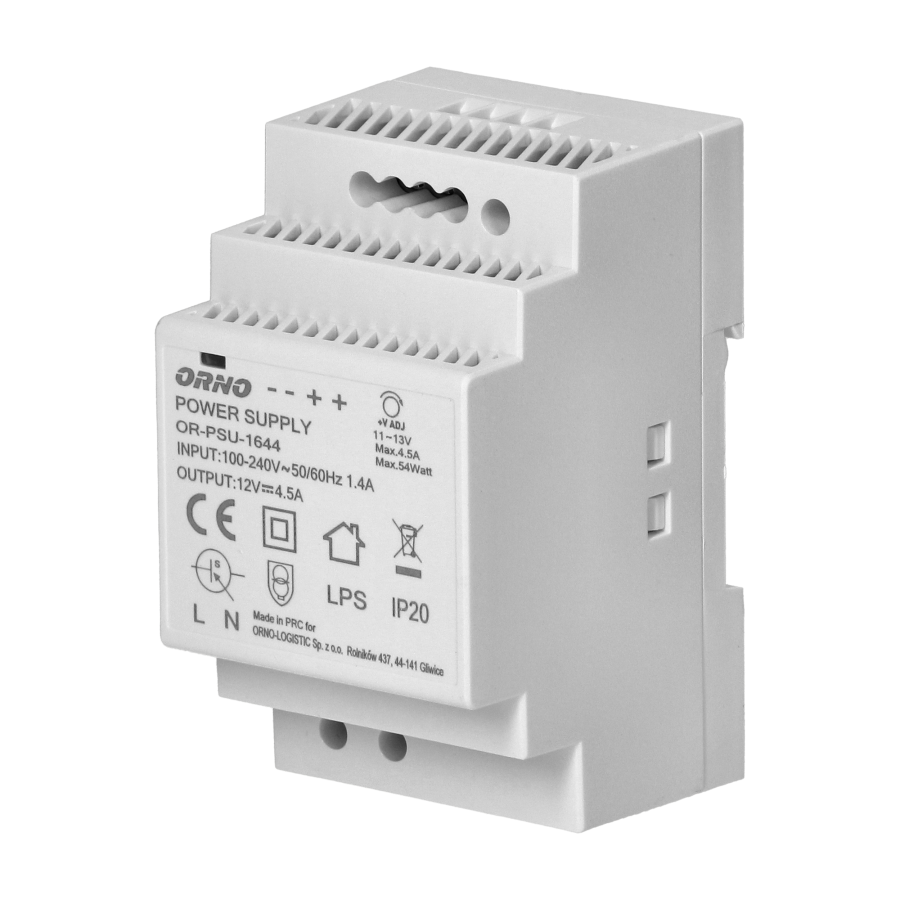 DIN rail power adaptor 12V DC 4.5A, 54W, width: 3 units