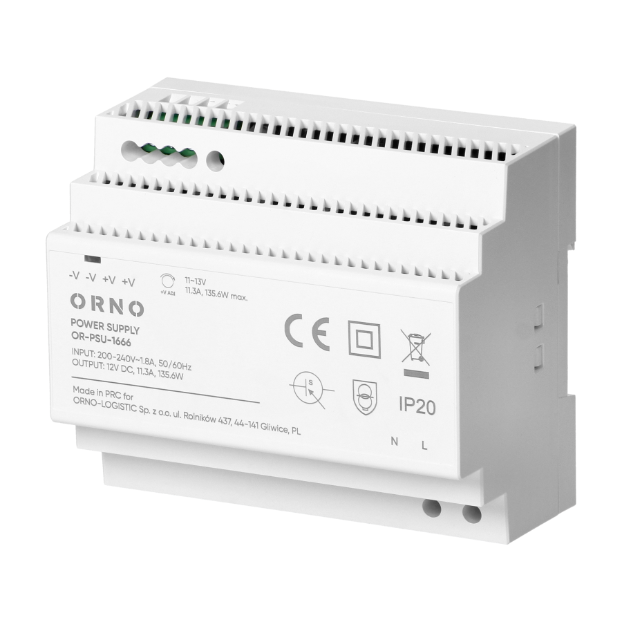 DIN rail power supply 12VDC, 11.3 A, 135.6W, 6 modules