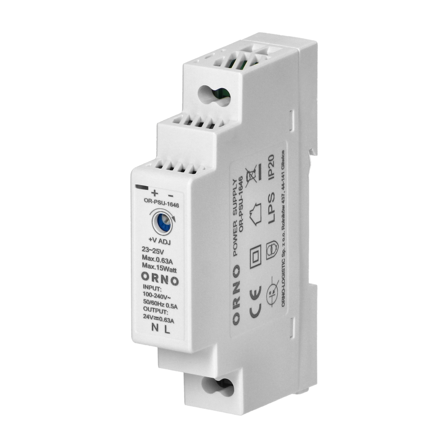 DIN rail power adaptor 24VDC, 0.63A, 15W, width: 1 unit