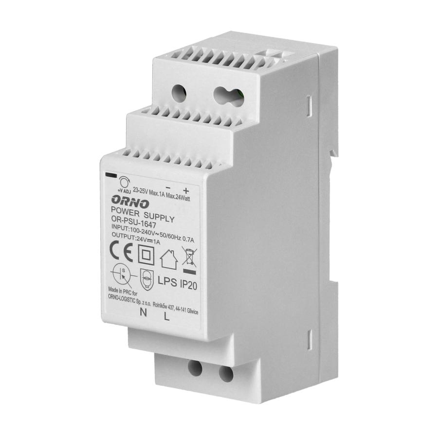 DIN rail power adaptor 24VDC, 1A, 24W, width: 2 units