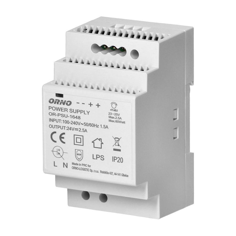 Zasilacz na szynę DIN 24VDC, 2,5A, 60W, szerokość 3 moduły