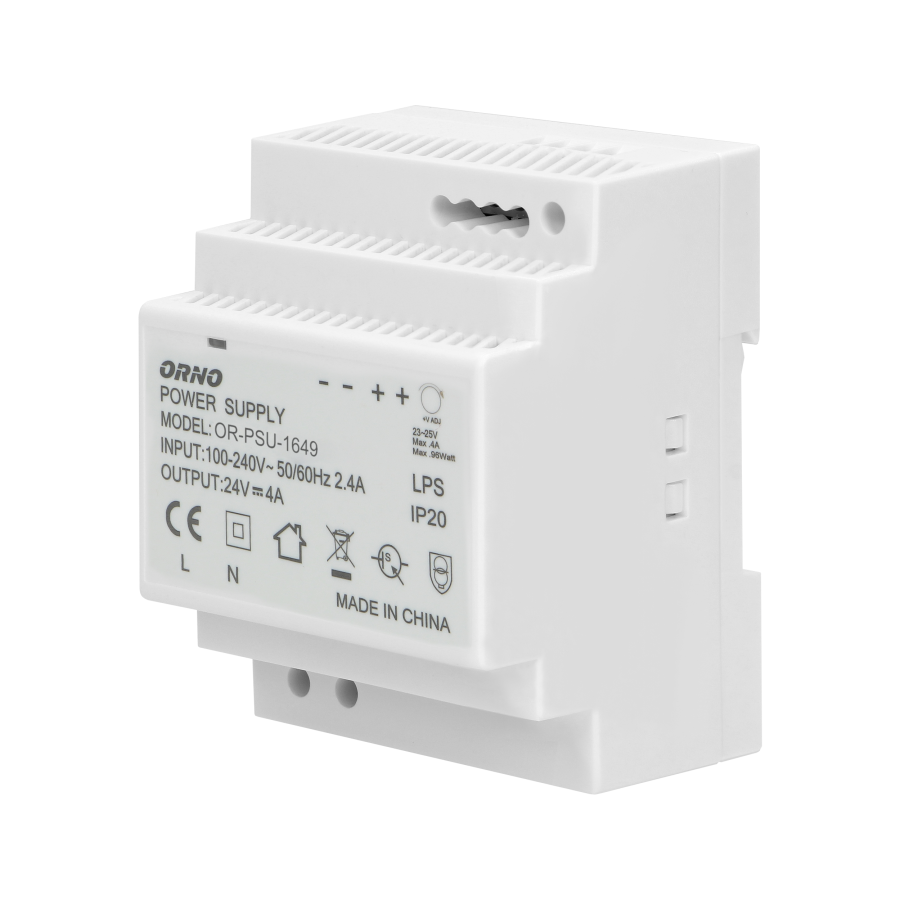 DIN rail power adaptor 24VDC, 4A, 100W, width: 4 units