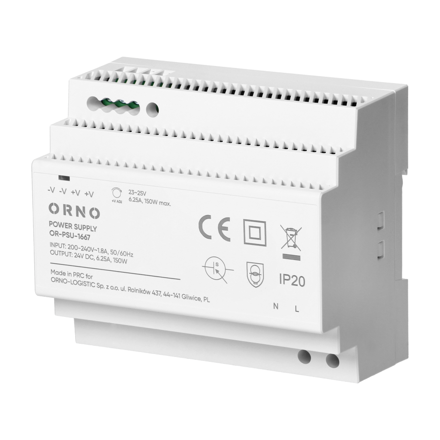 DIN rail power supply 24VDC, 6.25A, 150W, 6 modules