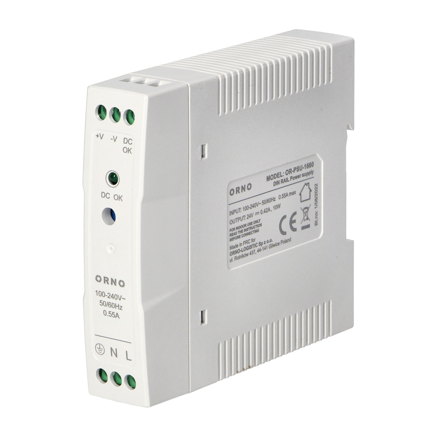 Industrial power supply for a DIN rail, 24VDC, 0.42A, 10W, plastic housing