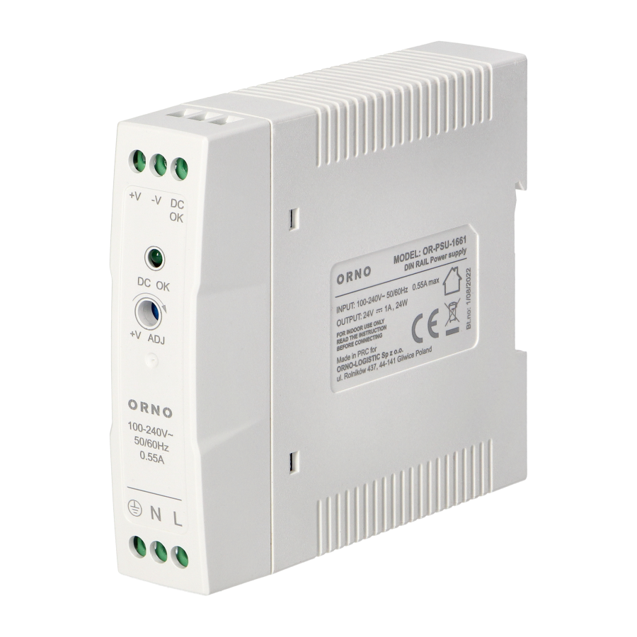 Industrial power supply for a DIN rail, 24VDC, 1A, 20W, plastic housing