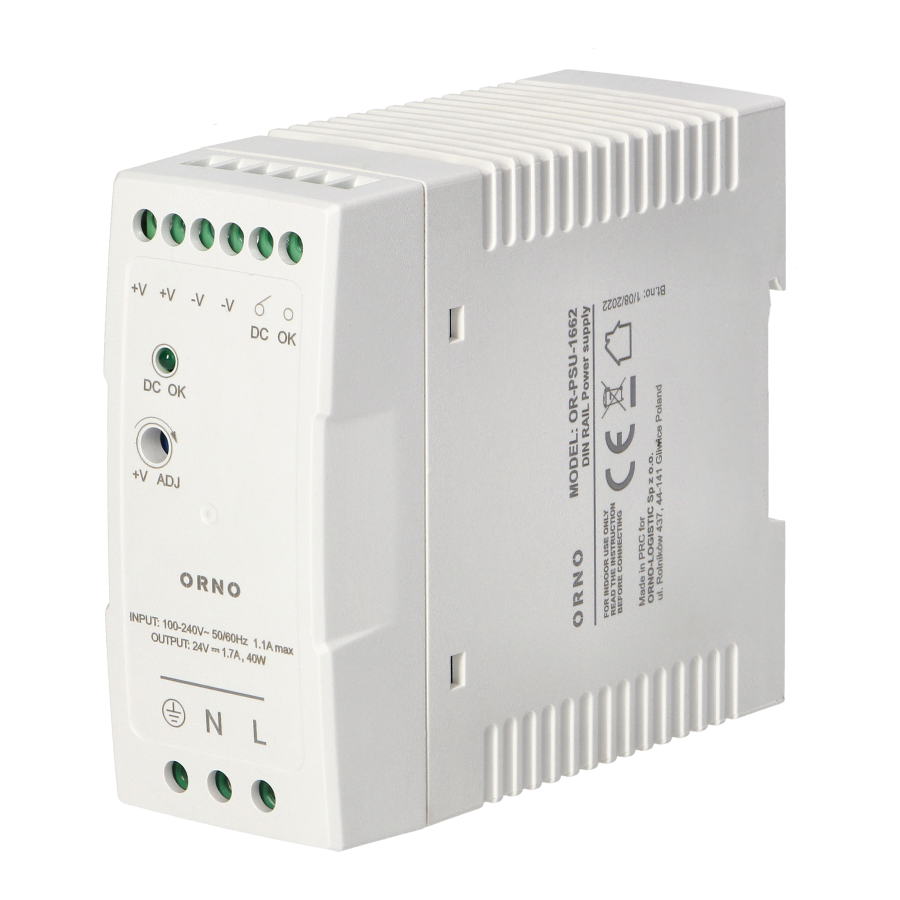 Industrial power supply for a DIN rail, 24VDC, 1.7A, 40W, plastic housing