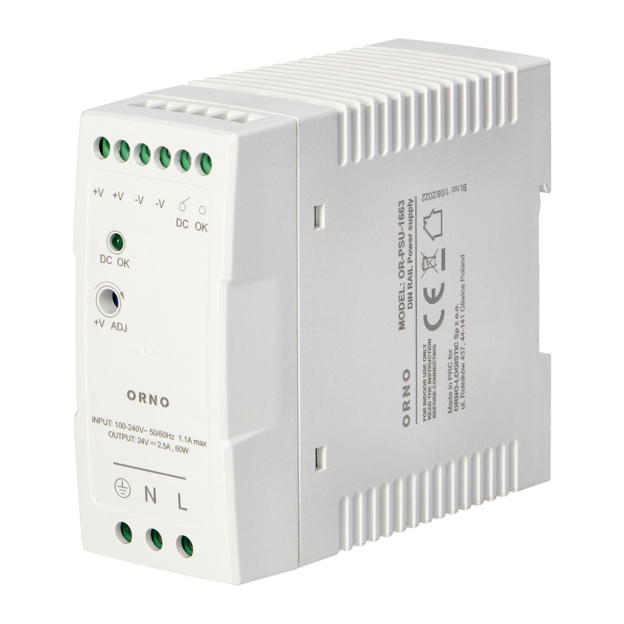 Industrial power supply for a DIN rail, 24VDC, 2.5A, 60W, plastic housing