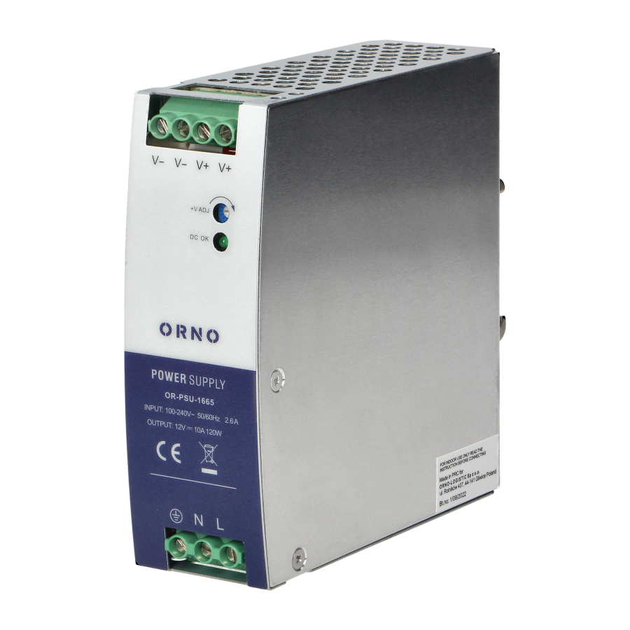 Industrial power supply for a DIN rail, 12VDC, 10A, 120W, plastic housing