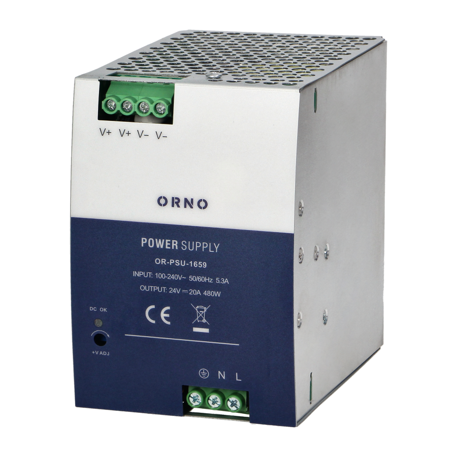 Industrial power supply for a DIN rail, 24VDC, 20A, 480W, metal housing