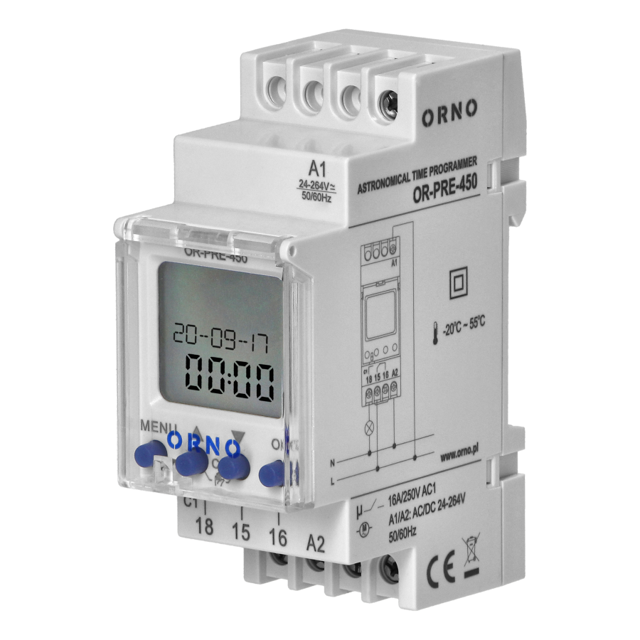 DIN rail digital timer, 100 programmes, 3 menu languages, 1 chanel, max.16A/230V, 2 modules wide