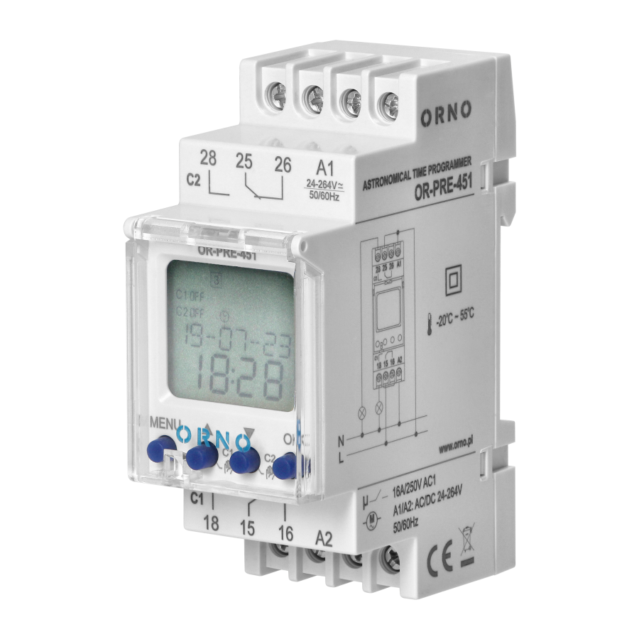 DIN rail digital timer, 100 programmes, 3 menu languages, 2 chanel, max.16A/230V, 2 modules wide