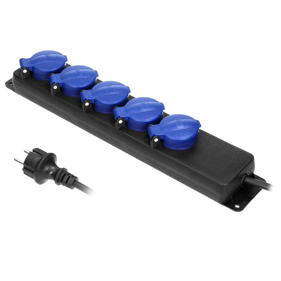 Heavy-duty, splash-proof extension sockets, with rubber cord, 5 sockets 2P+E (Schuko), IP44, H05RR-F 3x1.5mm² - 5m,