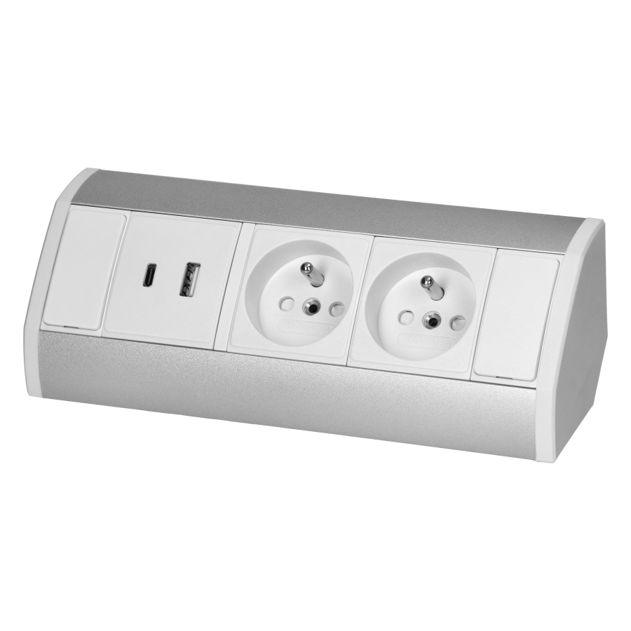 Gniazdo meblowe 2x2P+Z, 2xUSB (typ A+C, 2,4A), biało-srebrne