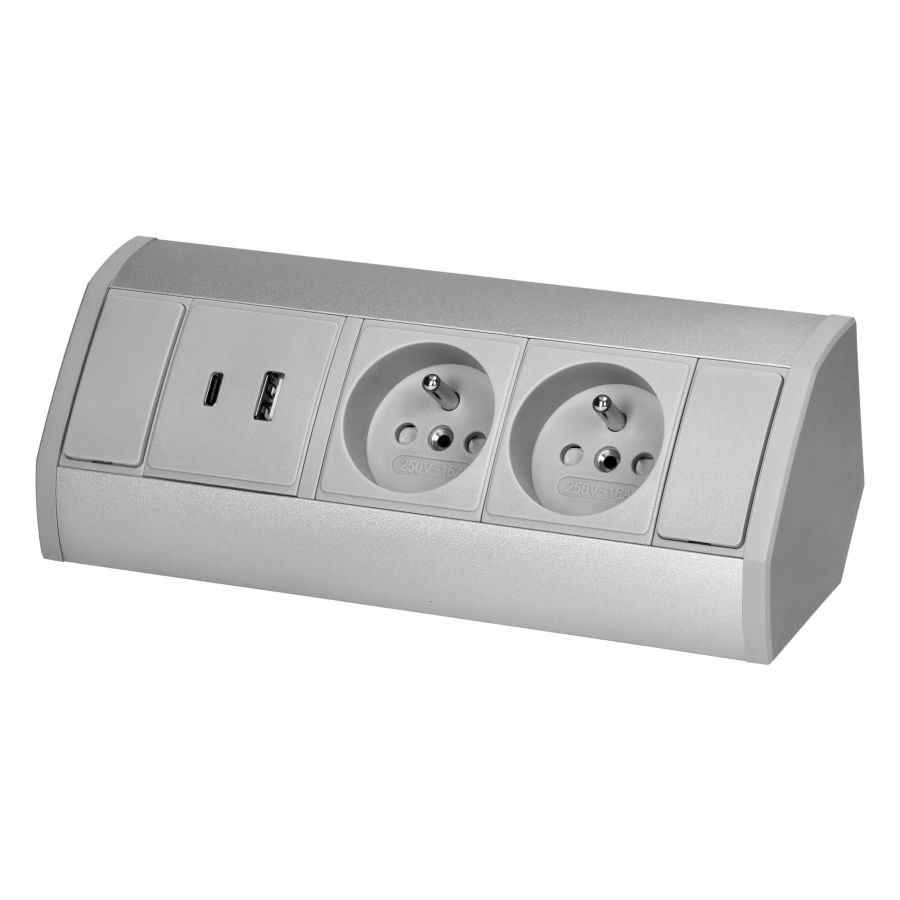 Gniazdo meblowe 2x2P+Z, 2xUSB (typ A+C, 2,4A), szaro-srebrne